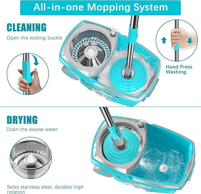 FunClean Spin Mop and Bucket,Mop and Bucket with Wringer Set for Home,360 Spinning Mopping Floor Cleaning Tool with 6 Microfiber Replacement Head Refills,61" Extended Handle, 2X Wheel - Blue - NeatNest