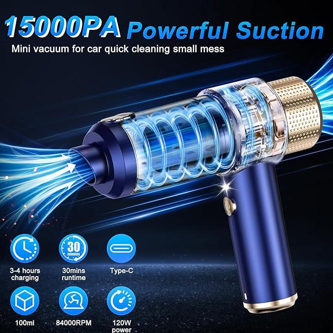 Mini Vacuum Cleaner, 15000PA Car Vacuum Cleaner Portable Cordless with LED Light, 4 in 1 Air Duster and Handheld Small Vacuum Rechargeable for Car, Home, Office, Pet（Blue） - NeatNest