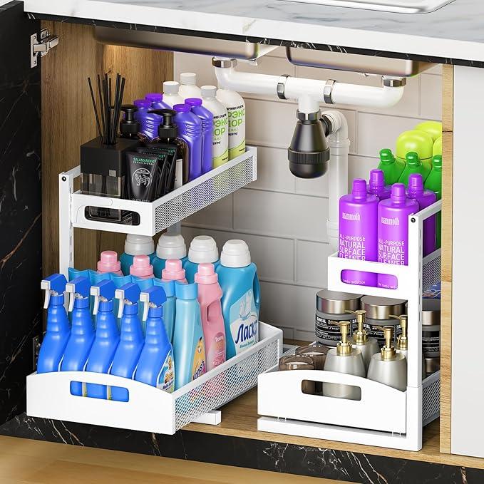 Metal Under Sink Organizer, Pull Out Cabinet Organizer Rack with Silk-Smooth Bottom Drawer, 5-Level Adjustable, Multi-Purpose Storage Shelf for Bathroom, Kitchen, Vanity, Pantry (2-Pack) - NeatNest