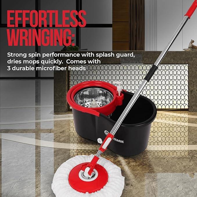 SIMPLI-Magic 360° Spin Mop and Bucket with Wringer – 3 High-Absorbent Microfiber Washable Heads – Spinning Mop and Bucket Set for All Types Floor Cleaning (Black) - NeatNest