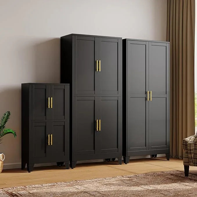 47“H Black Metal Bathroom Storage Cabinet, Kitchen Pantry Cabinet with Doors and 3 Adjustable Shelves, Bathroom cabinets Organizer, for Home Office, Bedroom - NeatNest