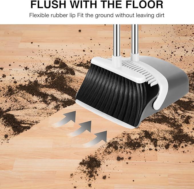 NACENA Broom and Dustpan Set, 52-in Long Adjustable Handle Broom Dustpan Combo with Dustpan Teeth to Automatically Clean Hair Suitable for Home Kitchen Office Hall Floor (Grey&White), 2 Pack - NeatNest