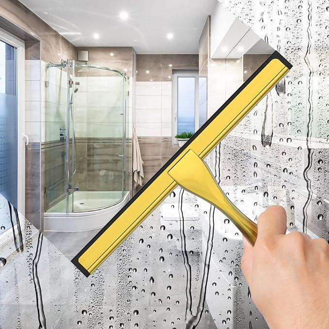 All-Purpose Stainless Steel Shower Squeegee for Shower Doors with 2 Adhesive Hooks, Bathroom Cleaner Tool Household Window Mirror Squeegee for Home Cleaning, Glass Door, Tile Wall, Car, 10 Inch Golden - NeatNest