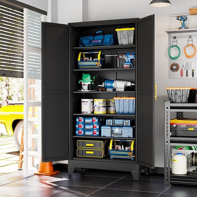 Black Metal Storage Cabinet,75" Steel Cabinets for Home Office, Kitchen Pantry Storage Cabinet with Doors and 5 Adjustable Shelves, Tool Cabinets, for Office, Home, Garage, School, 36W - NeatNest
