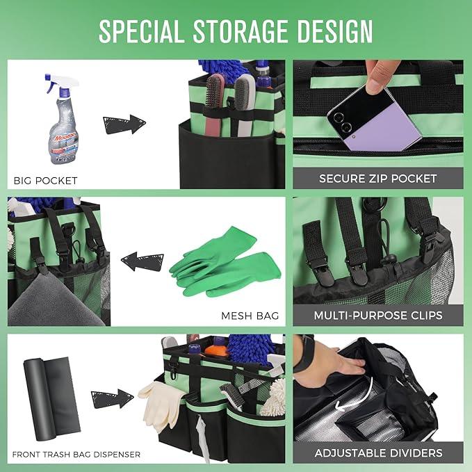 Wearable Cleaning Caddy, Cleaning Caddy Supplies Organizer with Handle & Shoulder Straps for Housekeepers, Under Sink & Car Cleaning Tool Organizers Bag with 4 Foldable Divider (MintGreen) - NeatNest