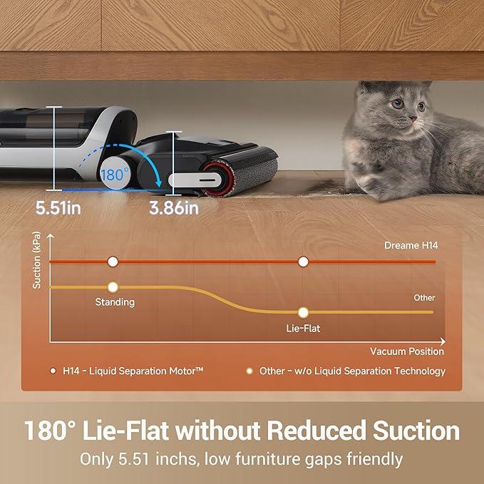 dreame H14 Cordless Vacuum Mop, 180° Lie-Flat Wet Dry Vacuum cleaner, 140°F Brush Washing, Fast Hot Air Drying in 5Mins, Smart Hard Floor Cleaner Machine with Powerful Suction, Great for Sticky Messes - NeatNest