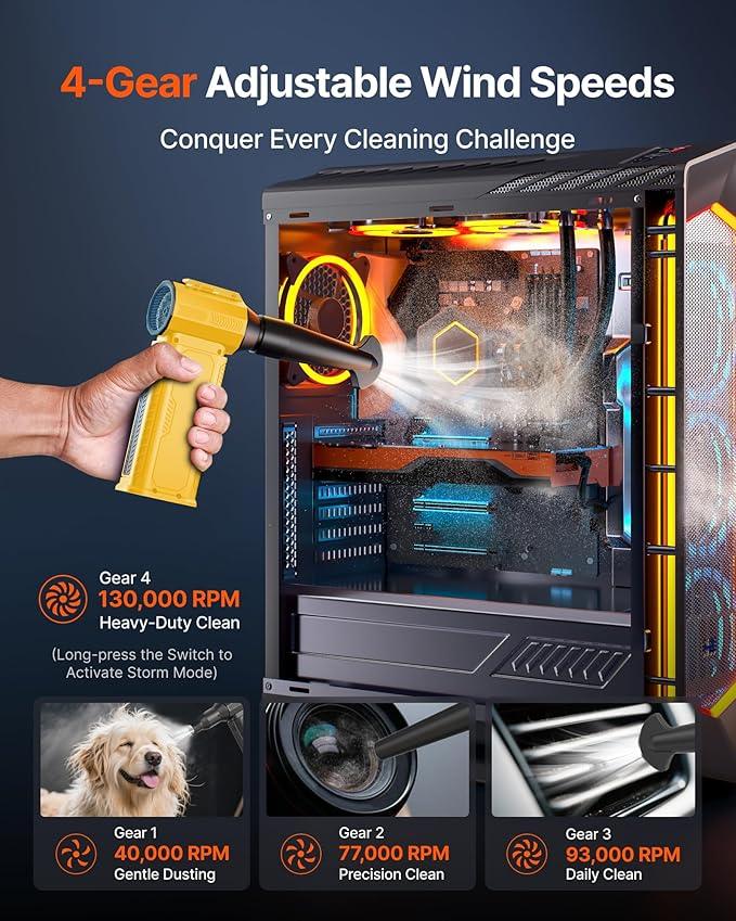 Compressed Air Duster, 130,000RPM Ultra-Powerful Cordless Electric Air Duster with 8000mAh Rechargeable Battery, 4-Gear Adjustable Air Blower for Keyboard, Computer, Car, Home Cleaning - Yellow - NeatNest