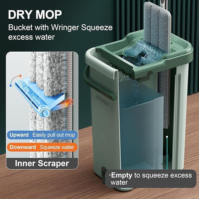 JOYMOOP 8L Large Capacity Flat Mop System (Light Green) with Extension Handle, Ideal for Floor, Window, and Wall Cleaning - Includes 5 Washable Microfiber Pads for Wet and Dry Use - NeatNest