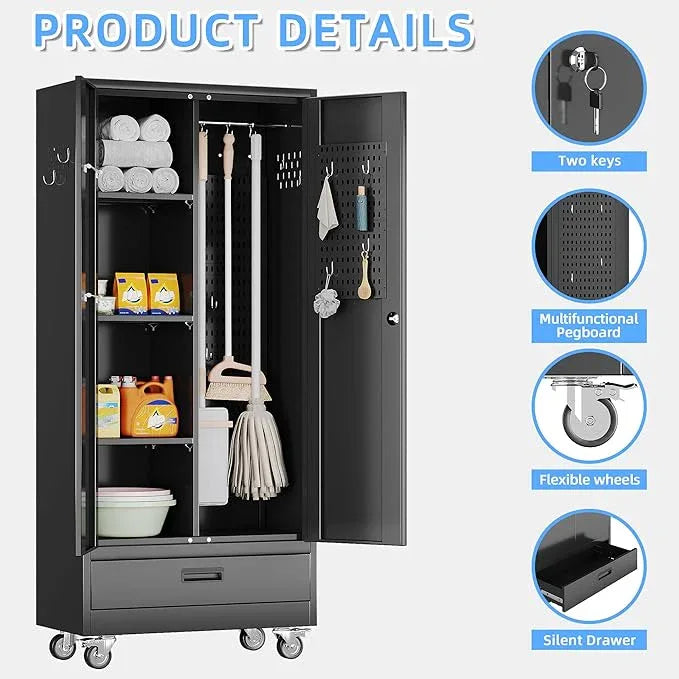SUXXAN Broom Closet with Wheels 71"x 31.5"x15.75", Metal Cleaning Cabinets with Drawer Hooks and Hanging Rods, Lockable Cabinet with Pegboard, Adjustable Shelf,for Garage, Laundry Room - NeatNest