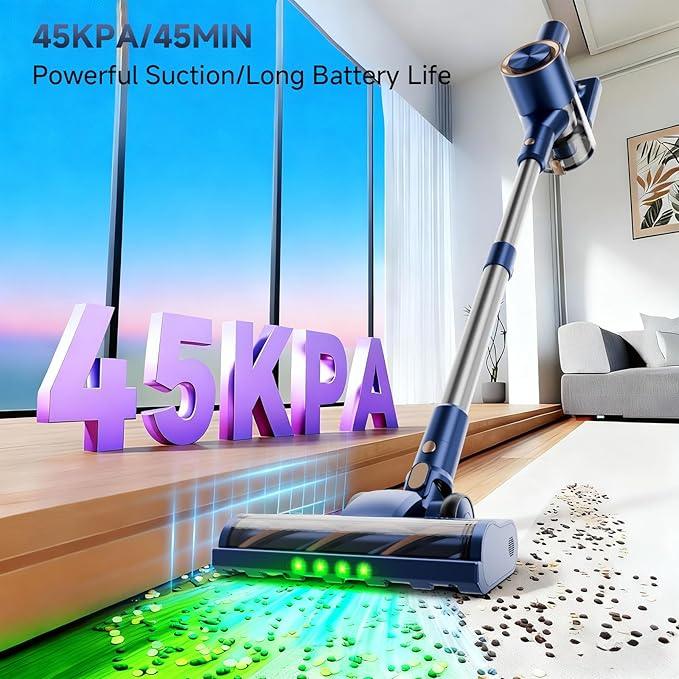 Cordless Stick Vacuum Cleaner - 45KPA Powerful Suction Vacuum with 45 Min Runtime, Detachable Battery, Anti-Tangle & 1.5L Dust Cup, 8 in 1 Vacuum Cleaner for Pet Hair, Carpet, HardFloor, Blue - NeatNest