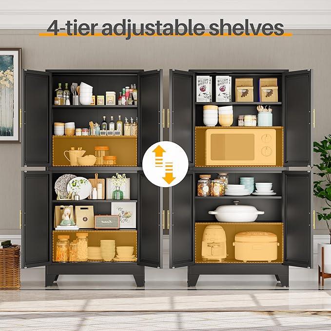 75" H Tall Kitchen Pantry Cabinet, Pantry Storage with Doors and 3 Adjustable Shelves, Metal Storage, Cupboard for Kitchen, Black - NeatNest