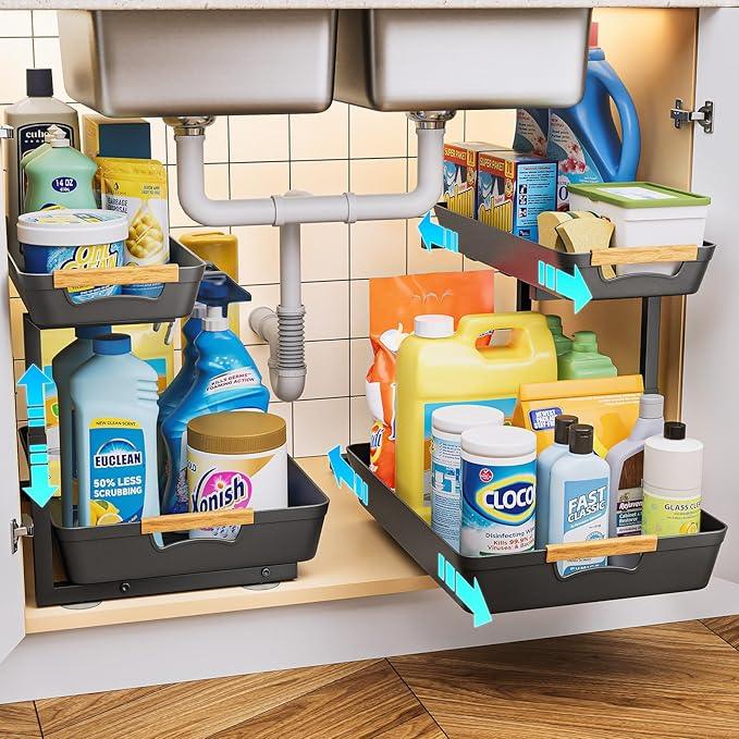 Under Sink Organizer, 2 Tier Adjustable Height Under Sink Organizers and Storage, L-Shaped Slide Out Pull Out Cabinet Organizers for Bathroom Kitchen Pantry (2 Pack, Black) - NeatNest