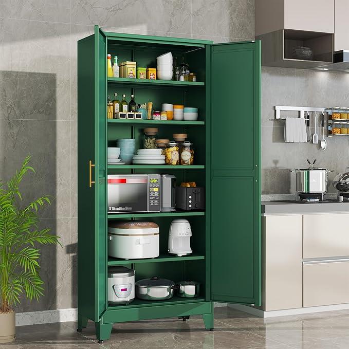 Green Metal Storage Cabinet,75" Steel Cabinets for Home Office, Kitchen Pantry Storage Cabinet with Doors and 5 Adjustable Shelves, Tool Cabinets, for Office, Home, Garage, School - NeatNest
