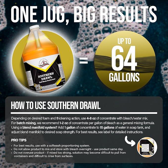 Southeast Softwash Southern Drawl - Professional Exterior House Cleaner, Siding Cleaner & Roof Wash Surfactant for Pressure Washing & Soft Wash Applications | Clean Citrus Scent, 1 Gallon (1 Pack) - NeatNest