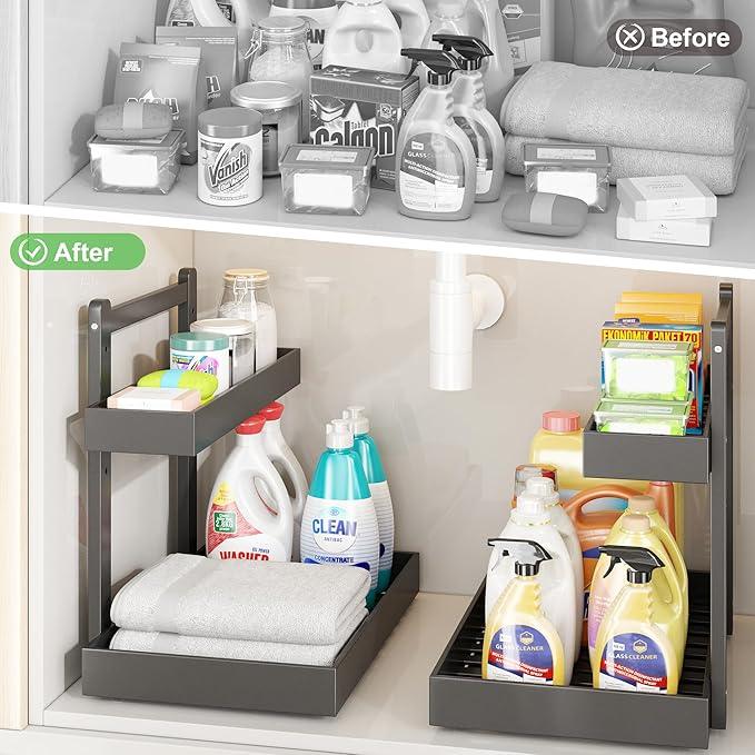 Under Sink Organizer - 1-Tier Pull Out Cabinet Organizer Vertical Slide Out Sink Shelf Storage Shelves for Multi-Purpose Bath Kitchen Bathroom Medicine (Black, 2 Packs) - NeatNest