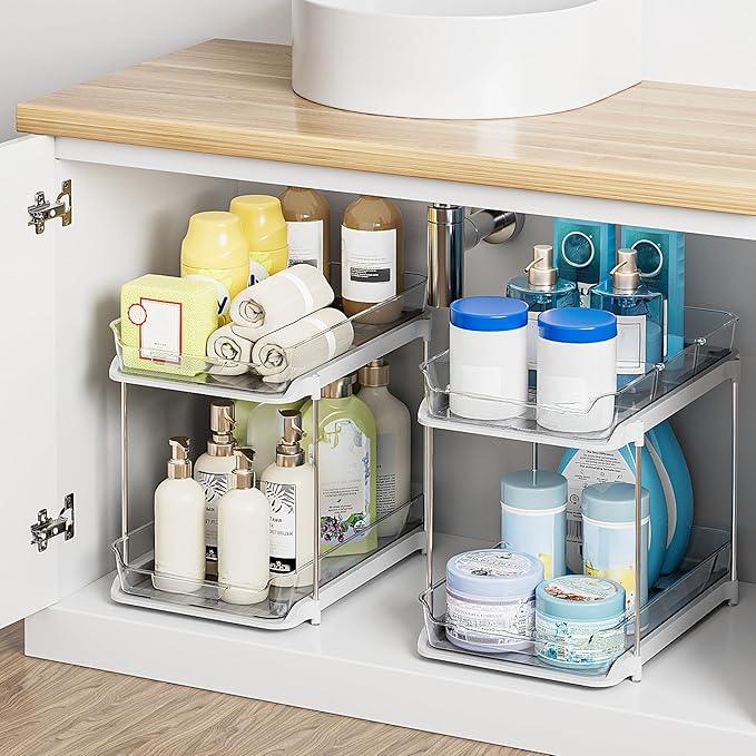 Delamu 2-Tier Multi-Purpose Bathroom Under Sink Organizers and Storage, Stackable Kitchen Pantry Organization, Pull Out Medicine Cabinet Organizer with Movable Dividers, White, 4Pack - NeatNest
