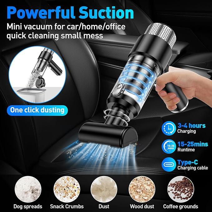 Mini Vacuum Cleaner, 16000PA Car Vacuum Cleaner Portable Cordless with LED Light, 4 in 1 Air Duster and Handheld Small Vacuum Rechargeable for Car, Home, Office, Pet（Black） - NeatNest