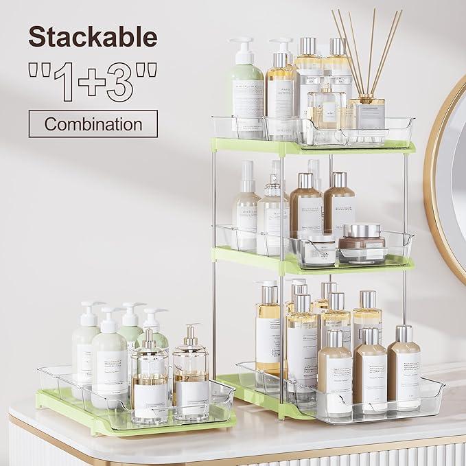 Delamu 2-Tier Multi-Purpose Bathroom Under Sink Organizers and Storage, Stackable Kitchen Pantry Organization, Pull Out Medicine Cabinet Organizer with Movable Dividers, Green, 2 Pack - NeatNest