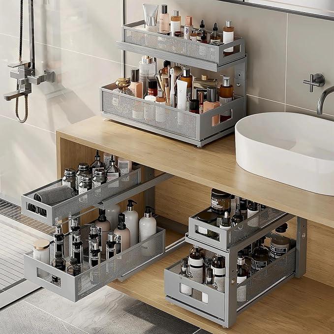 2 Pack 18.5IN-Depth Under Sink Organizer With Next-Gen Ball-Bearing Slides,2-Tier Pull Out Cabinet Storage,Height Adjustable Drawer Shelf for Bathroom,Kitchen,Laundry,Cabinet,Pantry-Gun Gray - NeatNest