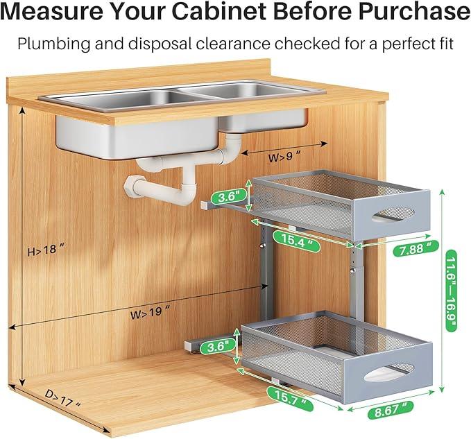 1 Pack Under Sink Organizer, 2 Tier Pull out Cabinet Organizer Mesh Baskets with 5 Adjustable Heights, Sliding Drawers Storage Shelf for Home, Kitchen, Bathroom, Pantry, Office, Countertop ,Grey - NeatNest