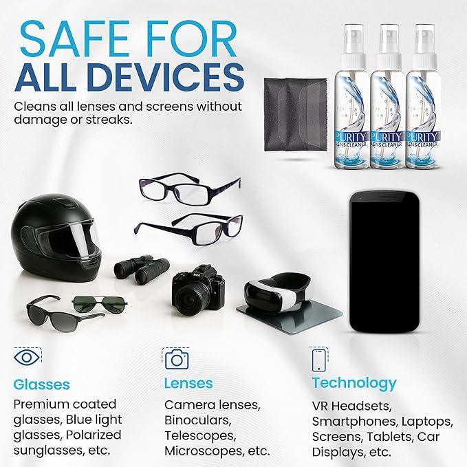 Purity Eyeglass Lens Cleaner Kit - 3 x 1oz Travel Size Lens Cleaner Spray Bottle + 2 Microfiber Cleaning Cloths - Safe for All Lenses (AR Coated Included), Eyeglasses and Screens - Clear - NeatNest
