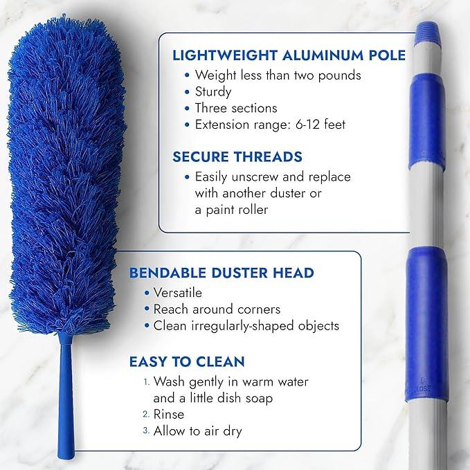 Blue Extension Rod Ceiling Duster with 18-20 feet Reach 3-Stage Aluminum Telescoping Pole - Cathedral, Cobweb, Microfiber, Ceilings Fan Duster Includes 2 Hand Dusting Kit - NeatNest