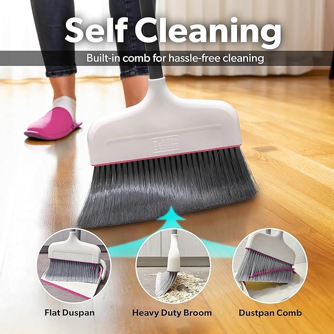 BLACK+DECKER Butler Broom & Dustpan Set - Stand-Up Design - Lightweight, Space-Saving Combo for Kitchen, Living Room, Bathroom, Lobby Floors - Home Cleaning Essential, White/Pink - NeatNest