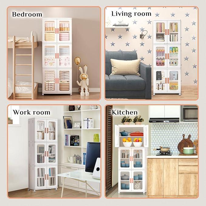 Storage Bins with Lids and Doors Storage Cabinet with Wheels Plastic Stackable Pantry Cabinet Cupboard Closet Foldable Kitchen Collapsible Storage Bins for Book Snack and Bathroom Organizer - NeatNest