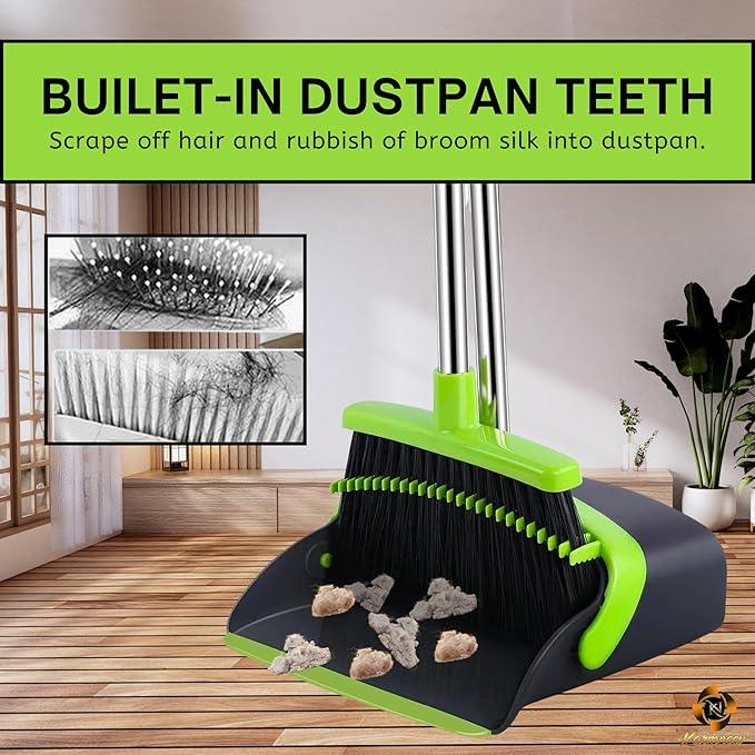 Standing Broom and Dustpan Set, Built-in Scraper Teeth, No-Slip Grip, Dust Collection Tray for Home, Office, Lobby, and Outdoor, Adjustable Handle from 38.18" to 52" (Black & Green) - NeatNest