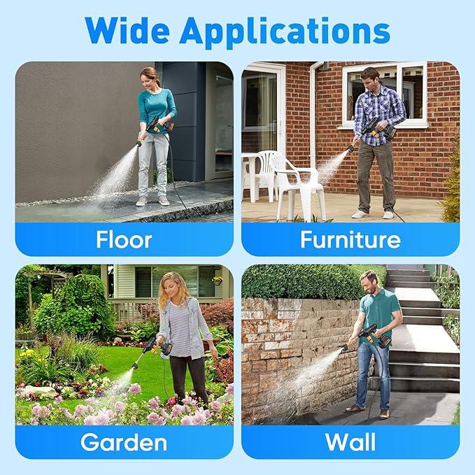 Portable Cordless Pressure Washer, 600 PSI 21V Two Rechargeable Batteries Powered Pressure Washer with Battery Level Display, 6-in-1 Nozzle with Jet Nozzles for Car Floor Wall Fence Cleaning - NeatNest