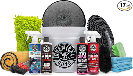 Chemical Guys Car Detailing Kit, Car Cleaning Kit with Total Interior Cleaner & Protectant, Sprayable Wheel Cleaner, Car Wash Soap, Bucket, Brushes, and Detailing Accessories - 17 Piece Wash Kit