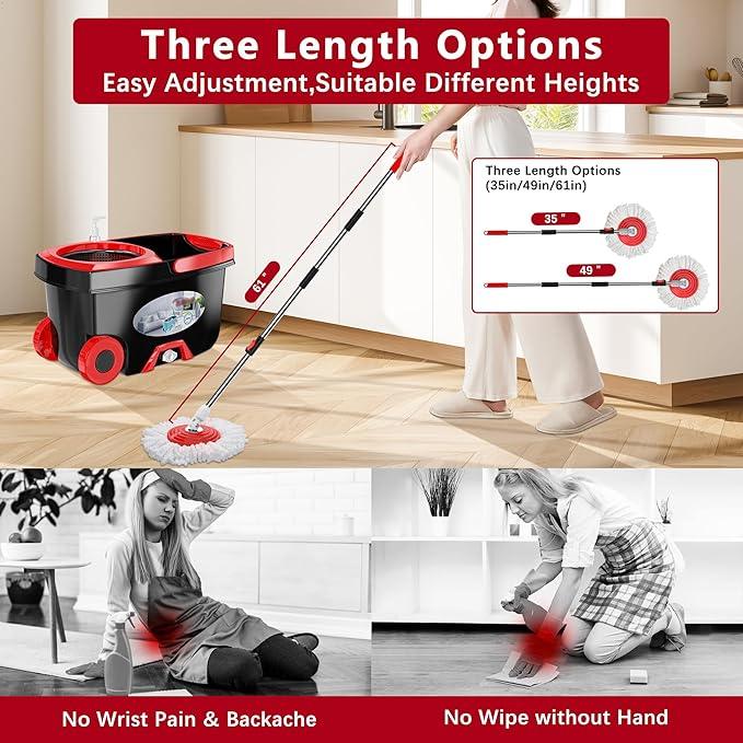 FunClean 360° Spin Mop and Bucket Set with Wringer, 6 Extra Microfiber Heads, 61" Extended Handle for Effortless Floor Cleaning, 2X Wheel Design - Black - NeatNest