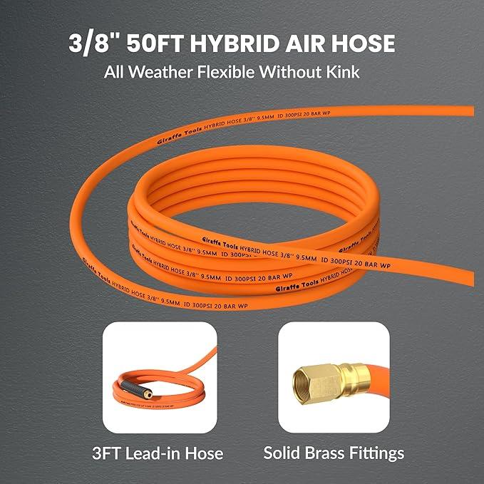 Giraffe Tools TA15 Retractable Air Hose Reel Swivel 3/8" x 50 ft Hybrid Hose, Max 300 PSI, Ceiling/Wall Mounted Heavy Duty Industrial Commercial Air Compressor Hose Reel, 50ft, Tangelo - NeatNest