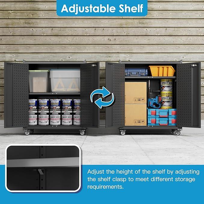 SUXXAN Metal Storage Cabinet with Wheels, Rolling Storage Cabinet with 2 Doors and Adjustable Shelves, Pegboard and 4 Hooks, Suitable for Garage, Home, Office, School, Black - NeatNest