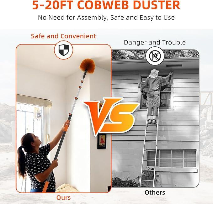 26 FT Cobweb Duster with Extension Pole, Cobweb Duster with 5-20FT Telescoping Extension Pole, Cleans Spider Webs, Washable & Reusable for High Ceilings, Fans & Outdoor & Indoor Cleaning - NeatNest
