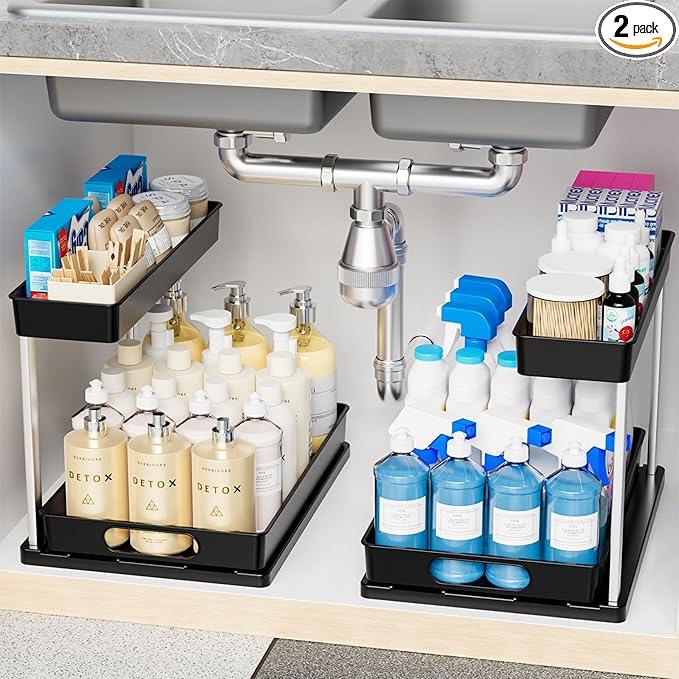 Yieach 2 Pack 10.8″ High Pull Out Under Sink Organizer,14.5″ Deep 2 Tier Slide Out Cabinet Organizer for Kitchen Cabinet,Undersink Organizers,Under Sink Shelves,Bathroom Organizers and Storage,Black - NeatNest