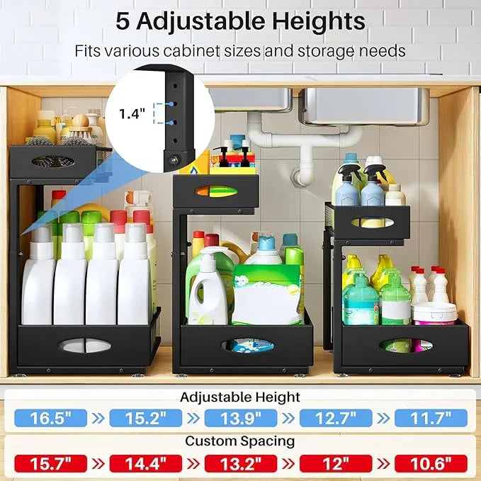 Under Sink Organizer, 2 Pack 2 Tier Pull Out Under Cabinet Organizer Shelf with Pad for Framed Cabinets, Metal Slide Out Under Sink Storage, Mesh Sliding Drawers for Kitchen Bathroom Laundry, Black - NeatNest