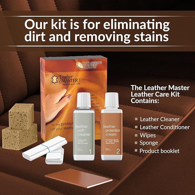 Leather Master Leather Care Kit | Leather Cleaner and Conditioner Kit | Cleans & Restores Car Seats, Furniture, Purses, Jackets | Includes Leather Cleaner, Leather Conditioner, Sponge & Wipes - NeatNest