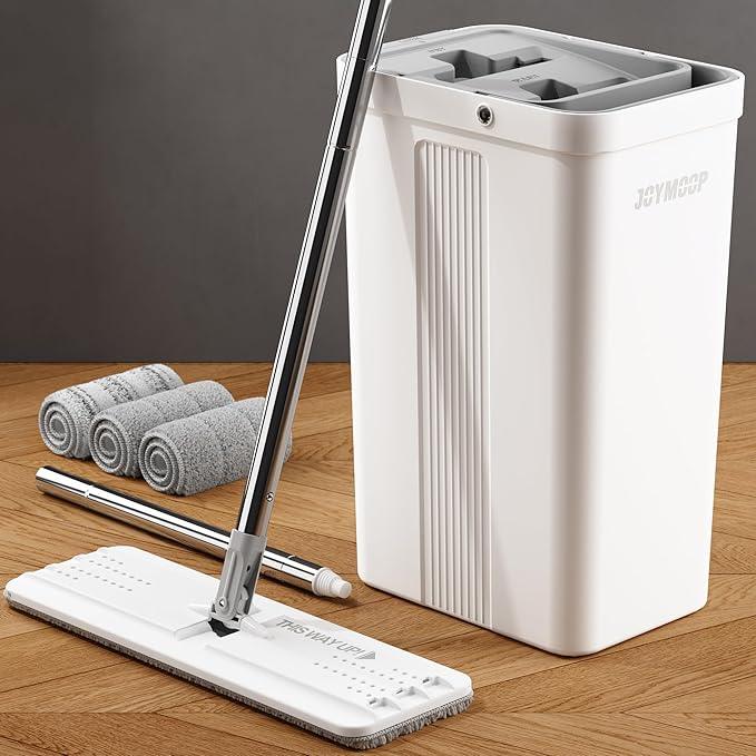 JOYMOOP Mop and Bucket with Wringer Set, White Flat Squeeze Bucket Set for Floor Cleaning, Wet Dry Wall Cleaner with Long Handle, Hardwood Floor Mop-3 Microfiber Cloths - NeatNest