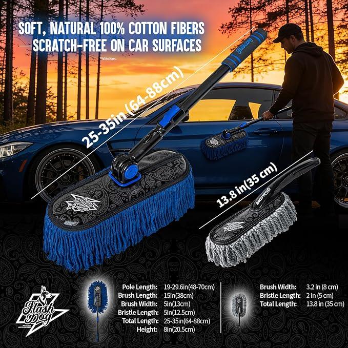 Flash Dog Car Duster Exterior with Car Duster Interior Wax Cotton Hair Scratch Free Cleaning for Cars, SUVs, Trucks | Waterless Dust Remover & Detailing Brushes Set with Storage - NeatNest
