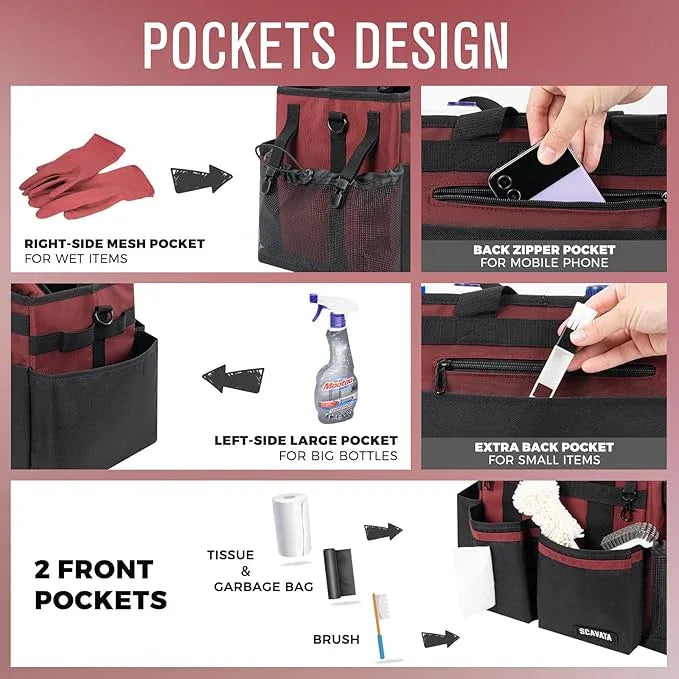 Compact Wearable Cleaning Caddy, Small Cleaning Caddy Supplies Organizer with Handle & Shoulder Straps for Housekeepers, Under Sink & Car Cleaning Tool Organizers Bag (AncoraRed) - NeatNest