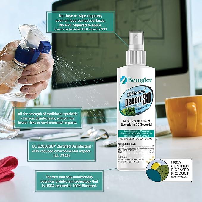 Benefect Botanical Decon 30 Disinfectant Cleaner, 4 oz. Spray Bottle, Light Lemon & Thyme Scent, Hospital Grade Disinfectant, Kills Over 99.99% of Germs, Safe for Food-Contact Surfaces - NeatNest