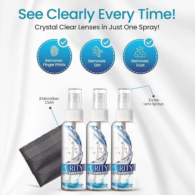 Purity Eyeglass Lens Cleaner Kit - 3 x 1oz Travel Size Lens Cleaner Spray Bottle + 2 Microfiber Cleaning Cloths - Safe for All Lenses (AR Coated Included), Eyeglasses and Screens - Clear - NeatNest