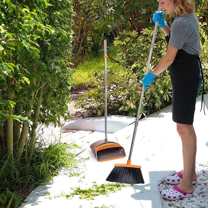 POWERJET Upright Broom & Dustpan Set (420900), Angled Lobby Broom, Exclusive Long Handle Extendable 52”, Self-Cleaning with Dustpan Teeth, Sweeping Indoor & Outdoor Home & Office Cleaning - NeatNest