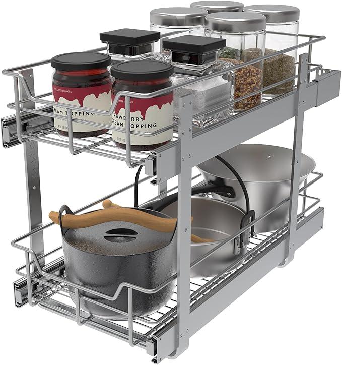 2 Tier Pull Out Cabinet Organizer 11" W X 22" D, Slide Out Drawers For Kitchen Cabinets, Pull Out Drawers For Cabinets Capacity Heavy Duty Caddy, Cabinet Pullout Shelves Chrome-Plated, Bathroom Pantry - NeatNest