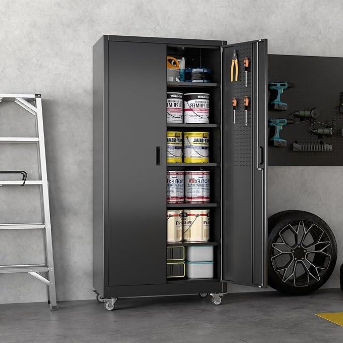 SUXXAN Metal Garage Storage Cabinet with Wheels and Pegboard, 71'' x 34'' x 18'' Lockable Rolling Steel Cabinet with 5 Adjustable Shelves and Door for Garage, Office, Kitchen, Assembly Required - NeatNest