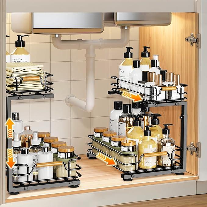 JYPS 2 Pack Under Sink Organizer, 2 Tier Pull out Under Kitchen Bathroom Sink Organizer and Storage, Metal Sliding Drawer for Cabinet Pantry Undersink Organizers Shelf - NeatNest
