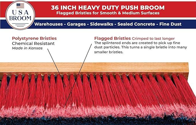 USA Broom 36" Everyday Sweep Indoor/Outdoor Push Broom with 60" Handle. Ideal for Garages & Shops. Durable American Made Steel Brackets-All Stainless Steel Hardware. No Plastic. 100% Made in The USA. - NeatNest