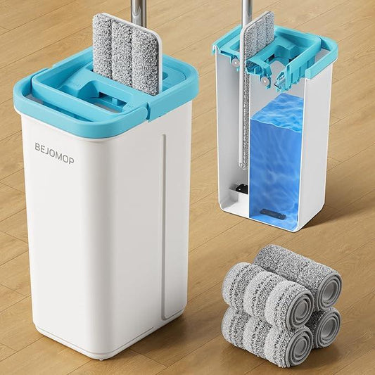 Mop and Bucket Set with Wringer, Dry & Wet Wall Mop Cleaner with Long Handle, Flat Squeeze Spin Dust Mop for Household Floor Cleaning with 4 Microfiber Mops, Turquoise-Cyan - NeatNest