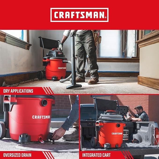 CRAFTSMAN CMXEVBE17656 20 Gallon 6.5 Peak HP Wet Dry Vac with Cart, Heavy-Duty Shop Vacuum Wet and Dry with Fine Dust Filter, Dust Bag, Hose and Attachments for Shop, Garage, Jobsite Cleaning - NeatNest